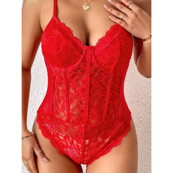 Fancyra Women Red Floral Lace Sheer Mesh Corset Top Bodysuit Lingerie - Image 5