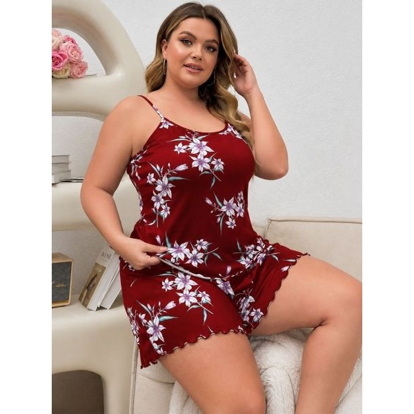 Fancyra Women Red Floral Printed Cami Top and Shorts Pajama Set - Image 2