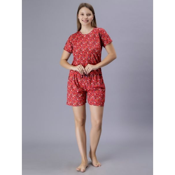Fancyra Women Red Graphics Printed Tee and Shorts Pajama Set - Image 2