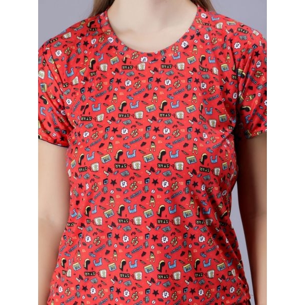 Fancyra Women Red Graphics Printed Tee and Shorts Pajama Set - Image 3