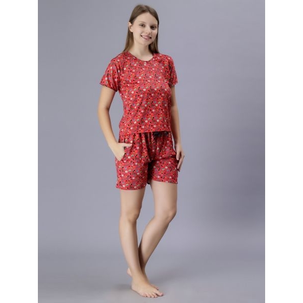 Fancyra Women Red Graphics Printed Tee and Shorts Pajama Set - Image 4