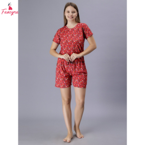Fancyra Women Red Graphics Printed Tee and Shorts Pajama Set