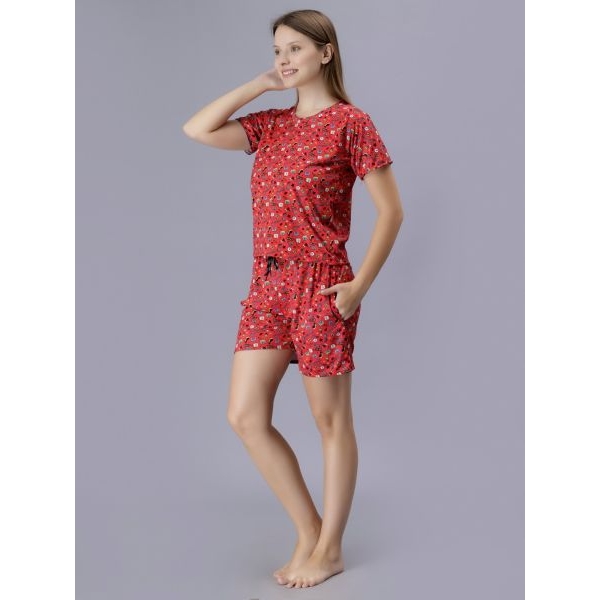 Fancyra Women Red Graphics Printed Tee and Shorts Pajama Set - Image 5