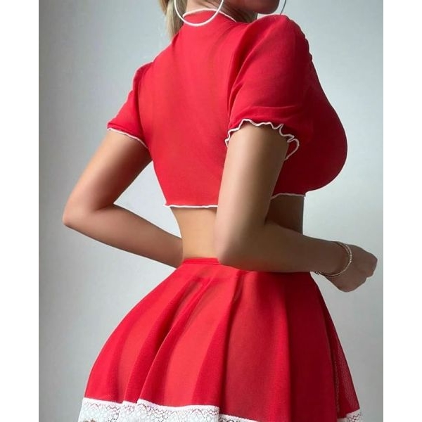 Fancyra Women Red Heart Lace Babydoll Crop Top & Skirt Lingerie Dress - Image 3