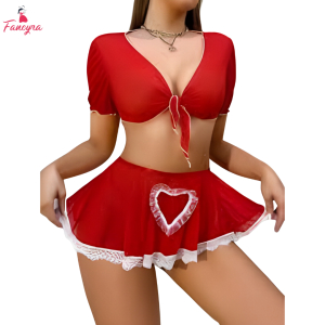 Fancyra Women Red Heart Lace Babydoll Crop Top & Skirt Lingerie Dress