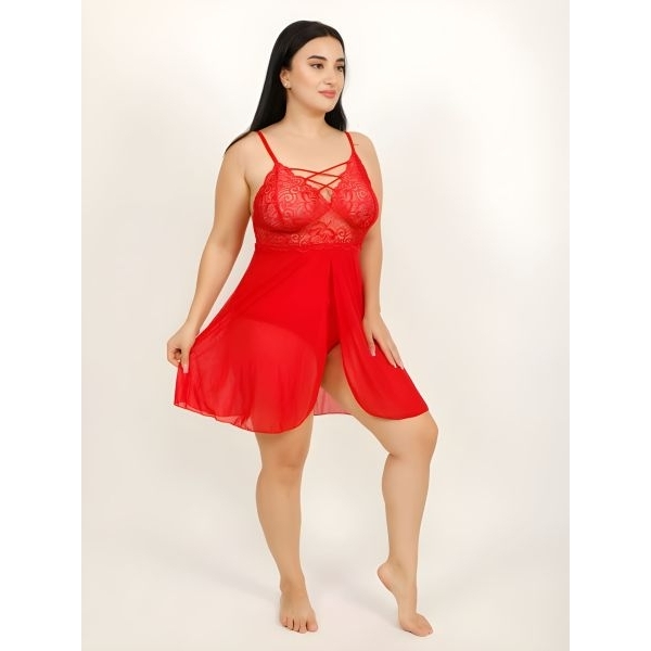 Fancyra Women Red Lace Textured Hot Bodysuit Lingerie Nighty - Image 2
