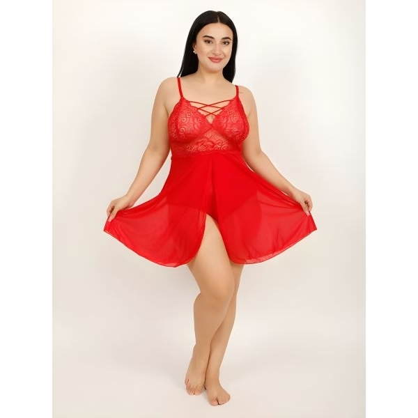 Fancyra Women Red Lace Textured Hot Bodysuit Lingerie Nighty - Image 4