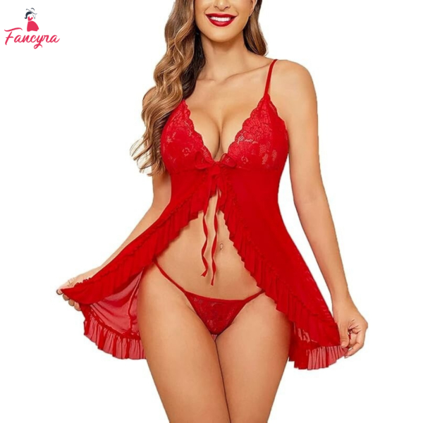 Fancyra Women Red Lingerie Set Lace Babydoll Nightwear with G-String Thong - Image 2