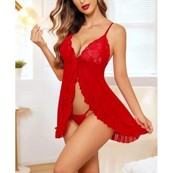 Fancyra Women Red Lingerie Set Lace Babydoll Nightwear with G-String Thong - Image 3