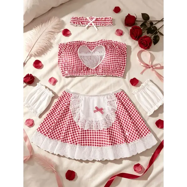 Fancyra Women Red Plaid Naughty French Maid Roleplay Costume Lingerie Nighty - Image 2