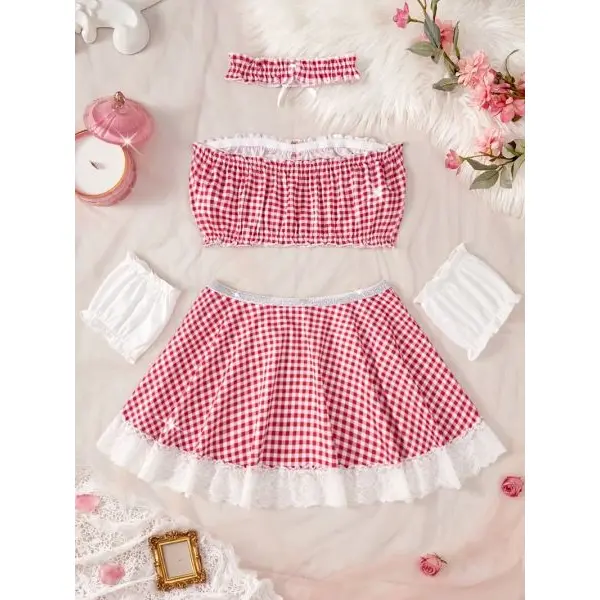 Fancyra Women Red Plaid Naughty French Maid Roleplay Costume Lingerie Nighty - Image 3