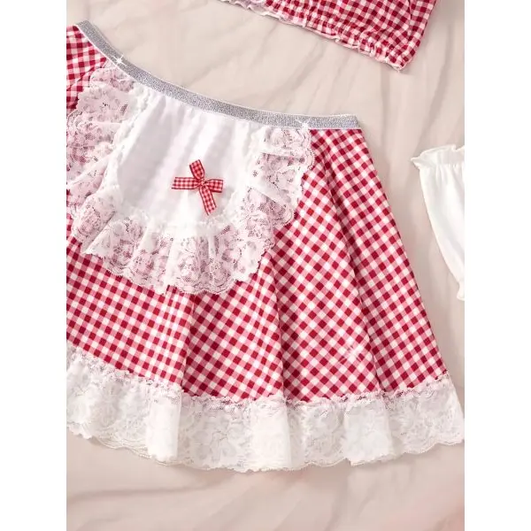 Fancyra Women Red Plaid Naughty French Maid Roleplay Costume Lingerie Nighty - Image 4