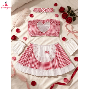 Fancyra Women Red Plaid Naughty French Maid Roleplay Costume Lingerie Nighty