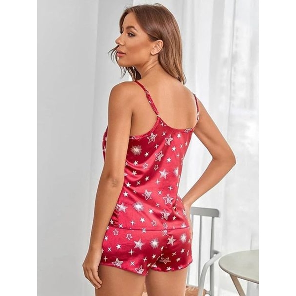 Fancyra Women Red Printed Elegant Top & Shorts Pajama Set - Image 3