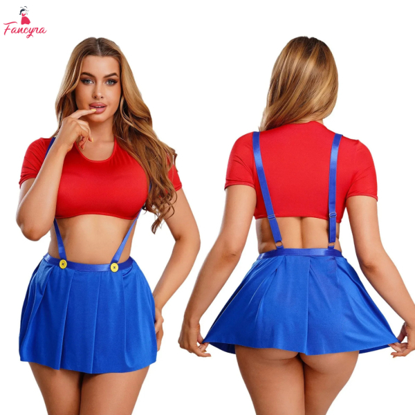 Fancyra Women Red Short Sleeve Crop Top Suspender Skirt Lingerie Set - Image 2