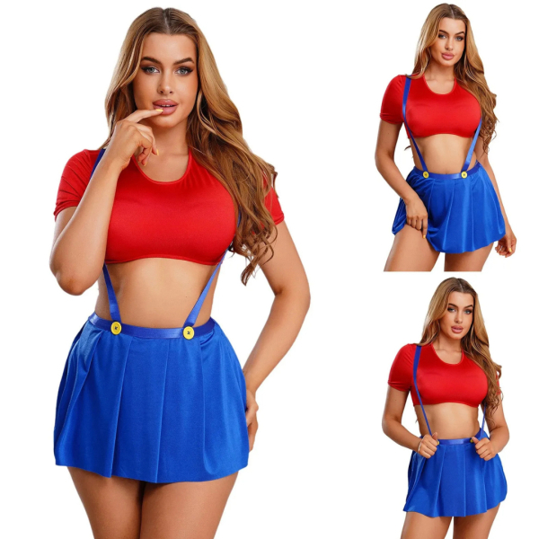 Fancyra Women Red Short Sleeve Crop Top Suspender Skirt Lingerie Set - Image 3