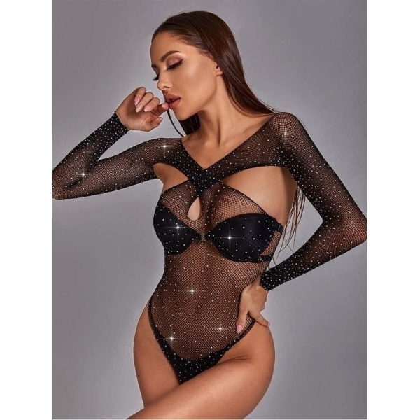 Fancyra Women Rhinestone Embellished Hot Black Bodystocking Lingerie - Image 3