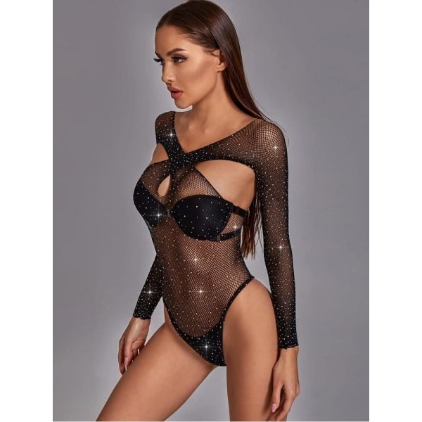 Fancyra Women Rhinestone Embellished Hot Black Bodystocking Lingerie - Image 4