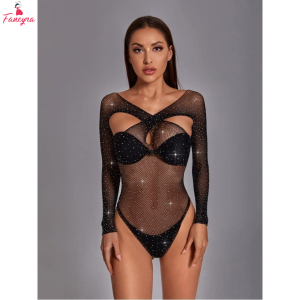 Fancyra Women Rhinestone Embellished Hot Black Bodystocking Lingerie