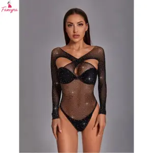 Fancyra Women Rhinestone Embellished Hot Black Bodystocking Lingerie