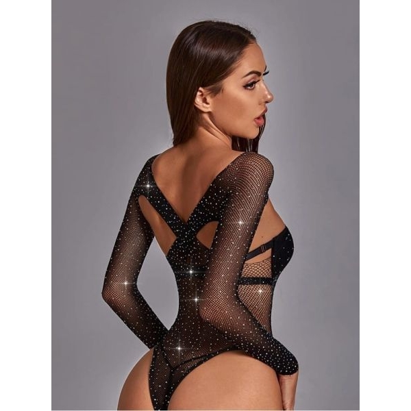 Fancyra Women Rhinestone Embellished Hot Black Bodystocking Lingerie - Image 5