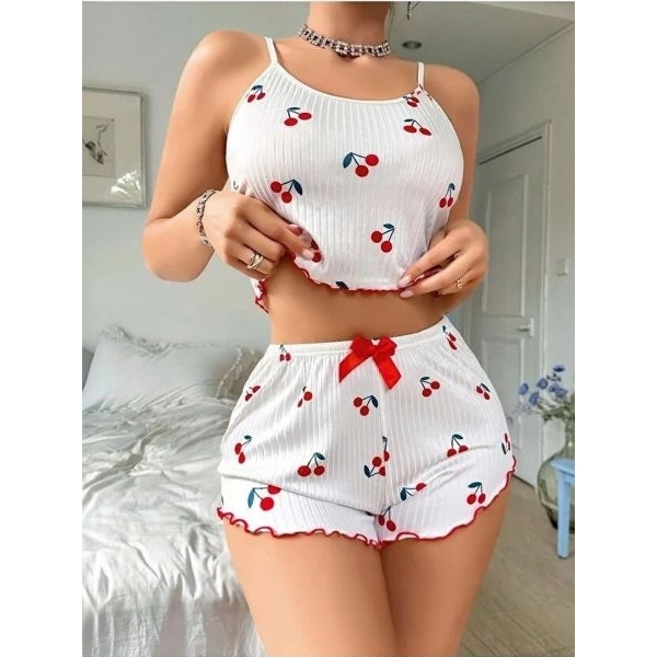 Fancyra Women Ribbed Soft Stretch Cherry Print Pajama Set – Sleeveless Cami Crop Top & Shorts - Image 4