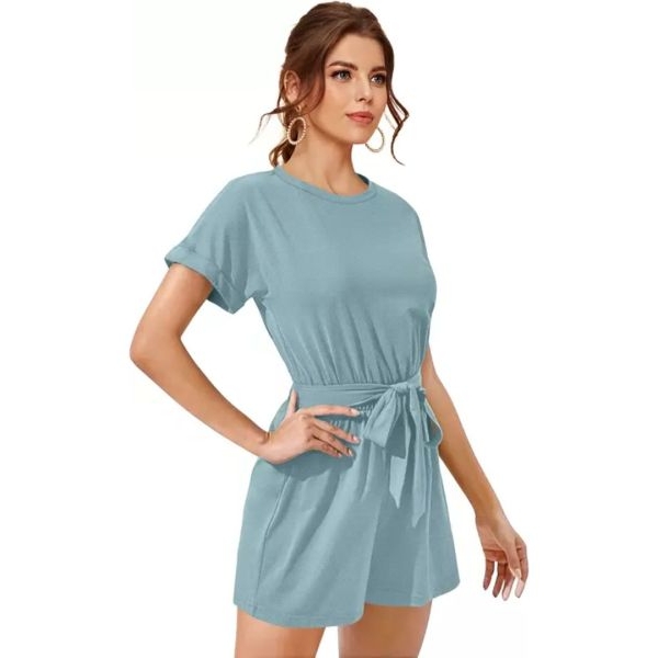 Fancyra Women Round Neck Shirt Sleeves Waist Tie Ups Playsuit Jumpsuit - Image 2