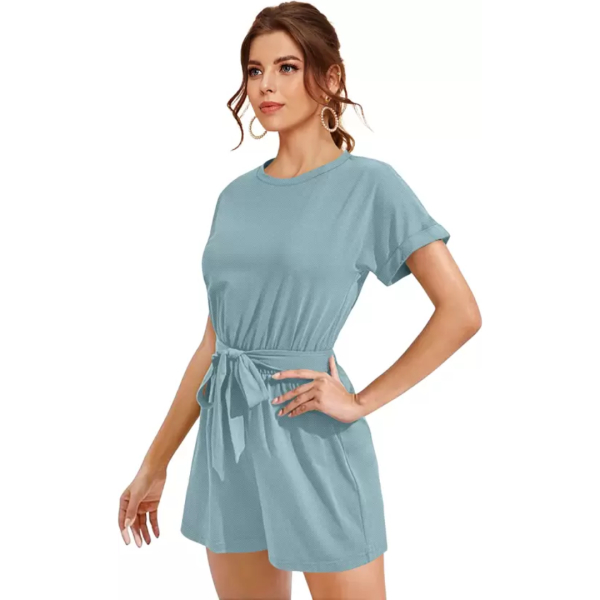 Fancyra Women Round Neck Shirt Sleeves Waist Tie Ups Playsuit Jumpsuit - Image 3