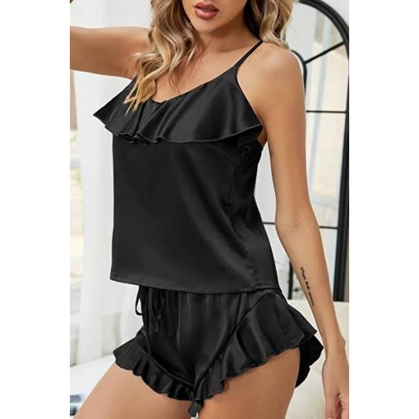 Fancyra Women Ruffled Pajama Cami Shorts Lingerie Sleepwear Set - Image 5