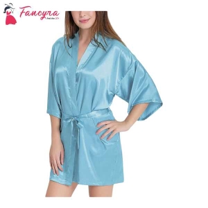 Fancyra Women Satin Babydoll Belted Kimono Robe Free Size Baby Blue Color