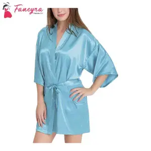 Fancyra Women Satin Babydoll Belted Kimono Robe Free Size Baby Blue Color