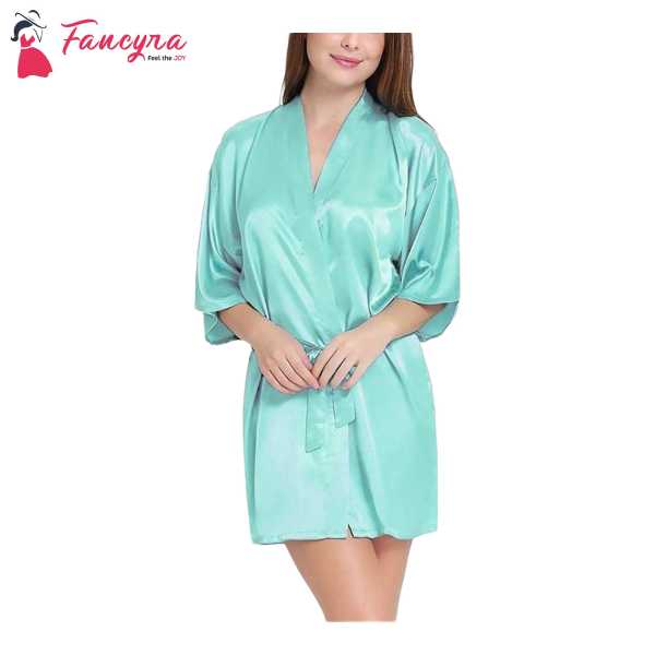 Fancyra Women Satin Babydoll Belted Kimono Robe Free Size Light Green Color