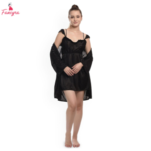 Fancyra Women Satin Babydoll Black Nightwear Nightdress Set with Robe