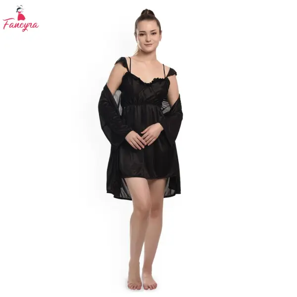 Fancyra Women Satin Babydoll Black Nightwear Nightdress Set with Robe