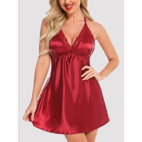 Fancyra Women Satin Babydoll Lingerie Lace Chemise Nightgown Side Slit Sleepwear For Women - Image 3