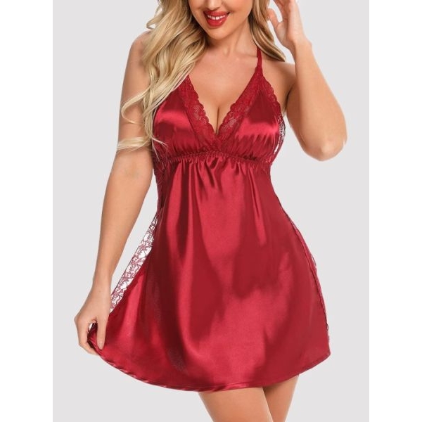 Fancyra Women Satin Babydoll Lingerie Lace Chemise Nightgown Side Slit Sleepwear For Women - Image 4