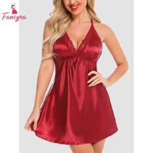 Fancyra Women Satin Babydoll Lingerie Lace Chemise Nightgown Side Slit Sleepwear For Women