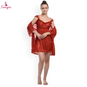 Fancyra Women Satin Babydoll Maroon Nightwear Nightdress Set with Robe