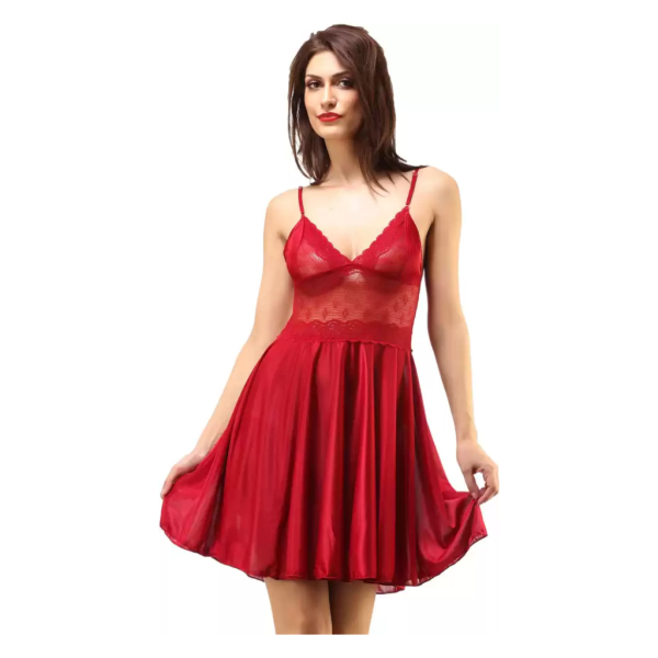 Fancyra Women Satin Babydoll Nightwear Dress Free Size Rose Red Color - Image 4