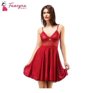 Fancyra Women Satin Babydoll Nightwear Dress Free Size Rose Red Color