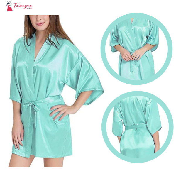 Fancyra Women Satin Belted Kimono Robe Babydoll Nightwear Sleepwear Free Size Light Green Color