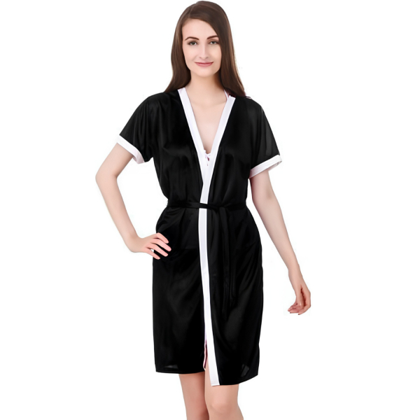 Fancyra Women Satin Blend Black Nightwear Robe with Bikini Set - Image 3