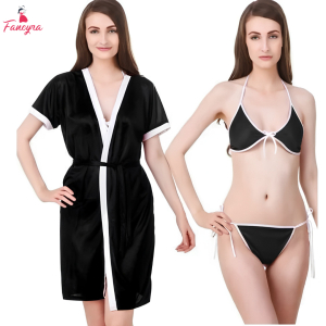 Fancyra Women Satin Blend Black Nightwear Robe with Bikini Set
