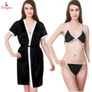 Fancyra Women Satin Blend Black Nightwear Robe with Bikini Set