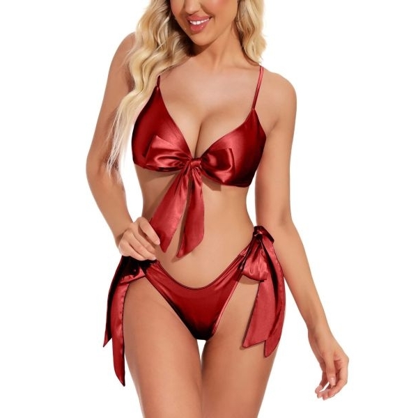 Fancyra Women Satin Bow Tie Knot Elegant Non Padded Bra and Panty Lingerie Set - Image 5
