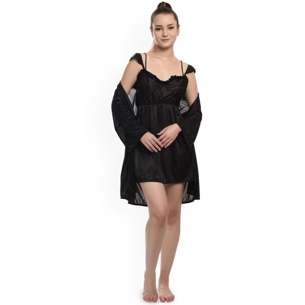 Fancyra Women Satin Comfortable 2 Piece Set Sleepwear Night Dress, Inner Nighty and Outer Robe - Image 3