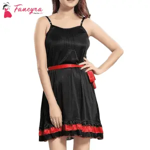Fancyra Women Satin Floral Above Knee Nightwear Babydoll Lingerie Free Size Black Color