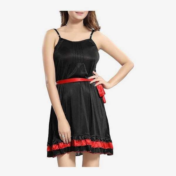 Fancyra Women Satin Floral Above Knee U Neck Babydoll Lingerie Free Size Black Color - Image 4