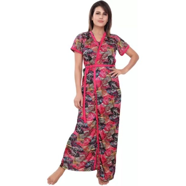 Fancyra Women Satin Honeymoon Wear Sleepwear Women Printed Nighty Set Of 3 Free Size - Image 2