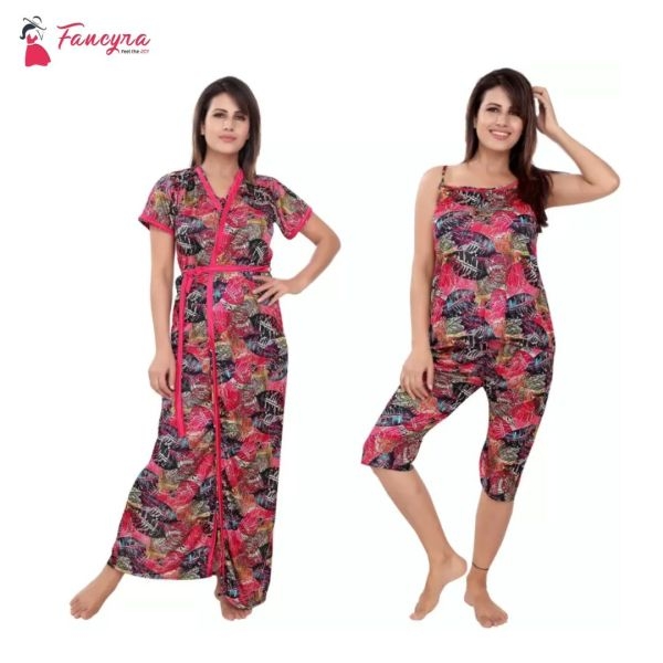 Fancyra Women Satin Honeymoon Wear Sleepwear Women Printed Nighty Set Of 3 Free Size - Image 3